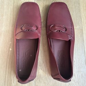 Men’s Salvatore Ferragamo Driver Red Maroon Leather Shoes Loafers 9.5